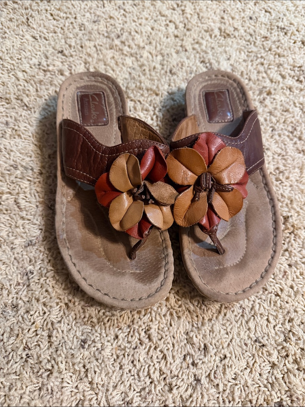 Clarks Kids Brown and Tan Floral Leather Thong Sandals